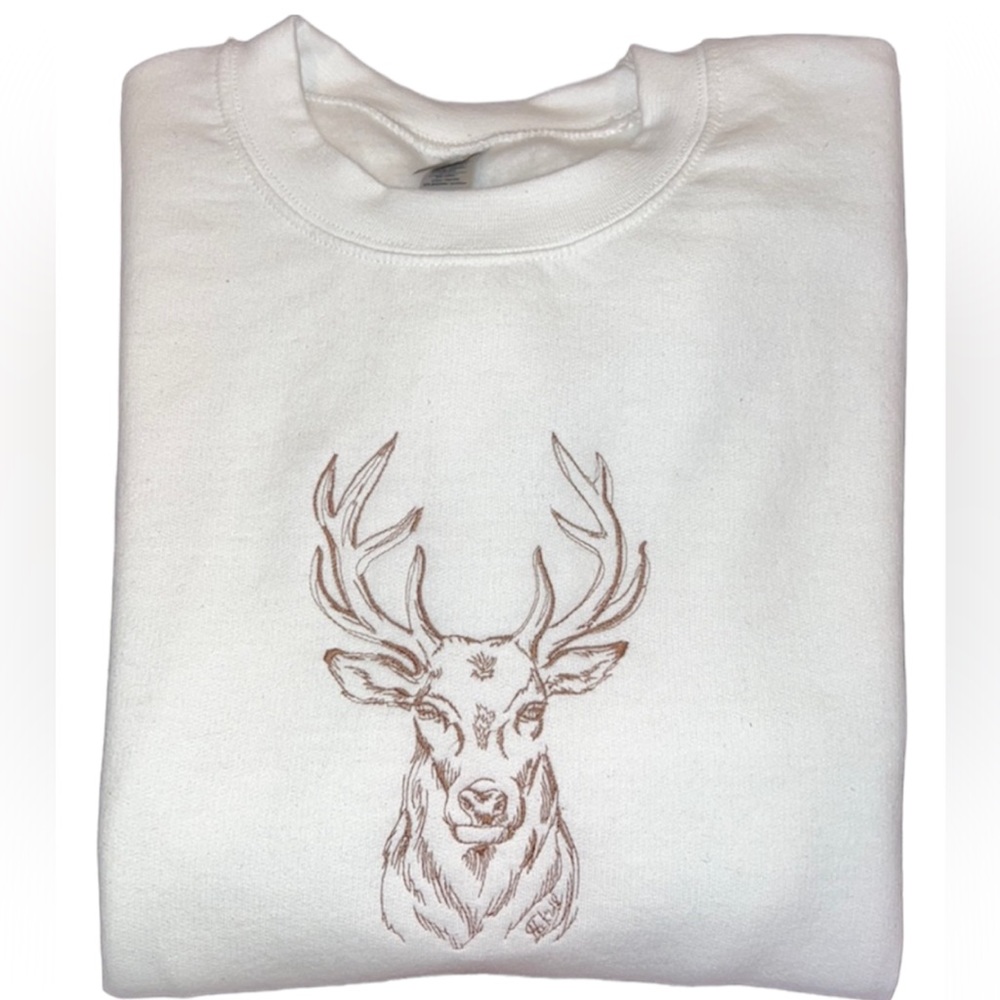 Deer Embroidery Crewneck White Sweater